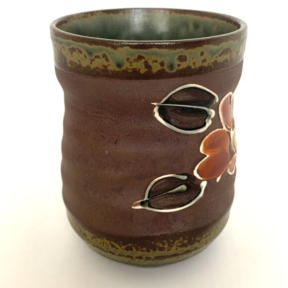 Vintage Japanese Pottery Stoneware Coffee Mug Brown Red Flower 4" Hand Made - Picture 5 of 8